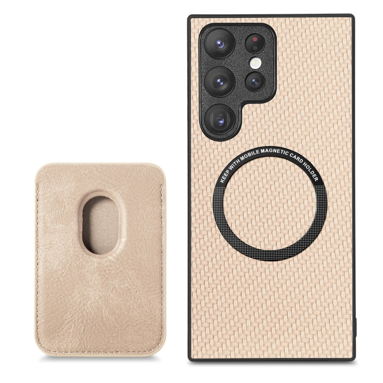 For Samsung Galaxy S22 Ultra 5G Carbon Fiber Leather Card Magsafe Magnetic Phone Case(Khaki) - Galaxy S22 Ultra 5G Cases by buy2fix | Online Shopping UK | buy2fix