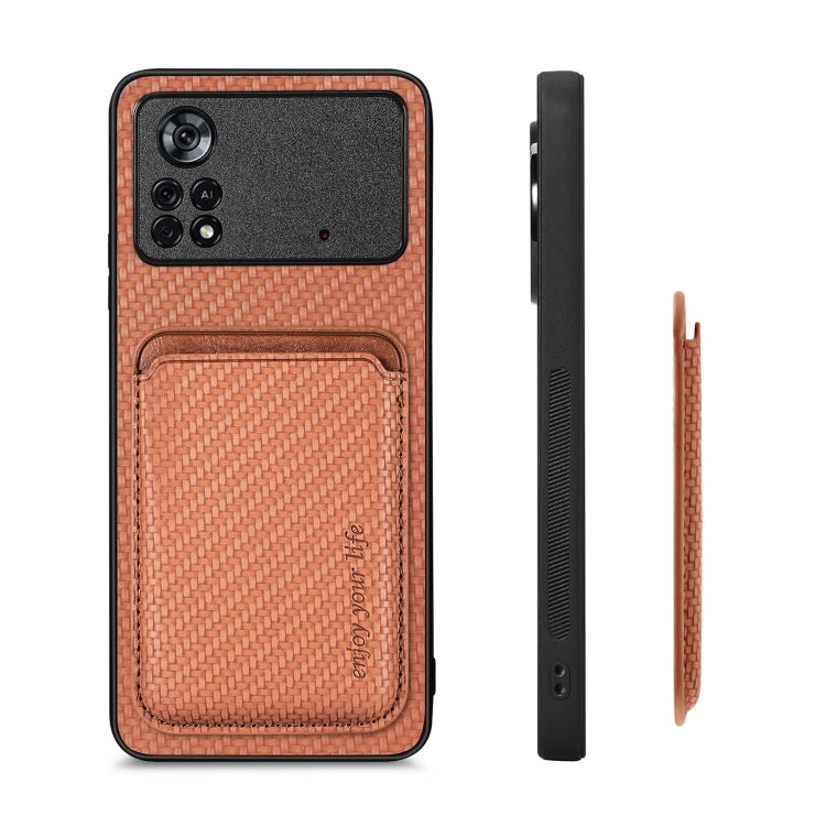 For Xiaomi Poco X4 Pro 5G Carbon Fiber Leather Card Magsafe Magnetic Phone Case(Brown) - Poco X4 Pro 5G Cases by buy2fix | Online Shopping UK | buy2fix