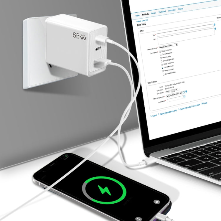 GaN PD65W Type-C x 2 + USB3.0 Charger with Type-C to Type-C Data Cable ,UK Plug(White) - USB Charger by buy2fix | Online Shopping UK | buy2fix