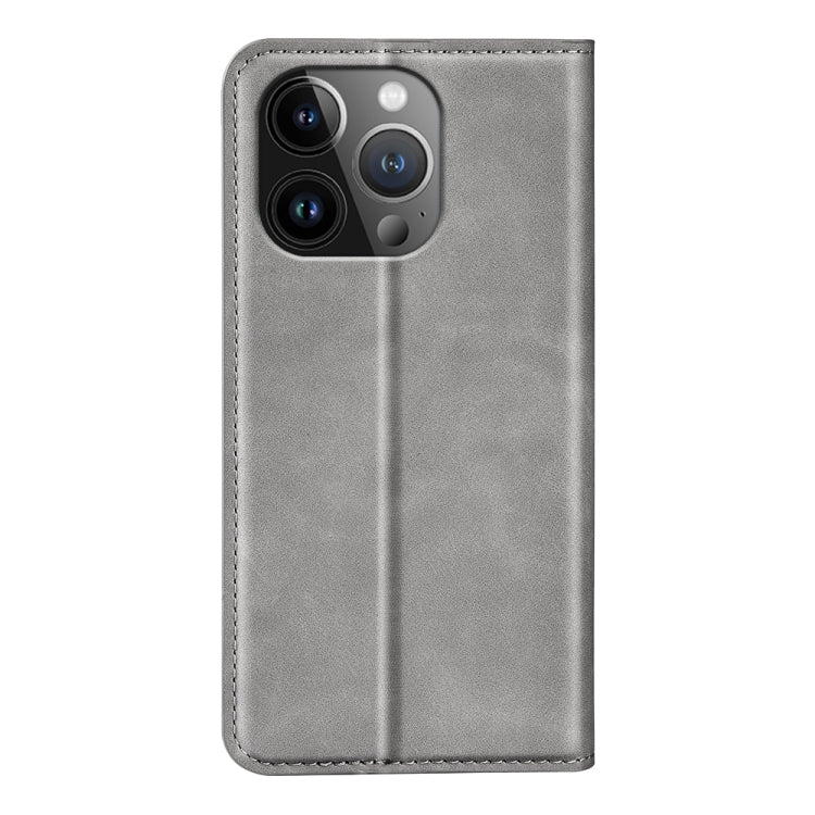 For iPhone 15 Pro Retro-skin  Magnetic Suction Leather Phone Case(Grey) - iPhone 15 Pro Cases by buy2fix | Online Shopping UK | buy2fix