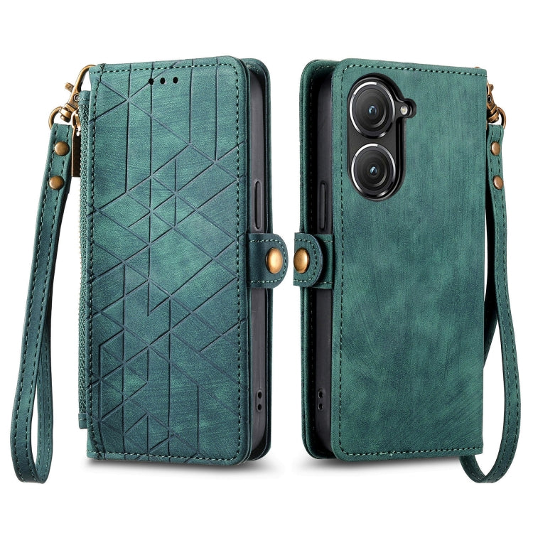 For ASUS Zenfone 9 Geometric Zipper Wallet Side Buckle Leather Phone Case(Green) - ASUS Cases by buy2fix | Online Shopping UK | buy2fix