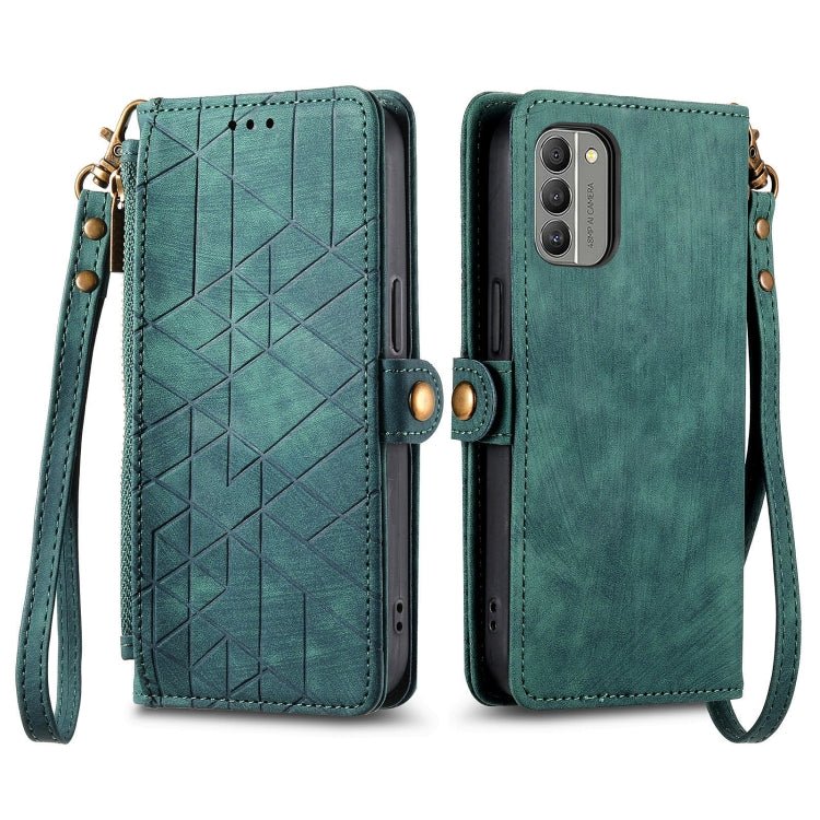 For Nokia C31 Geometric Zipper Wallet Side Buckle Leather Phone Case(Green) - Nokia Cases by buy2fix | Online Shopping UK | buy2fix