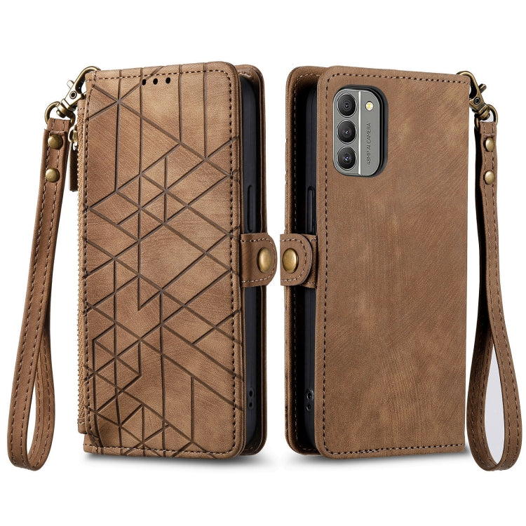 For Nokia C20 Geometric Zipper Wallet Side Buckle Leather Phone Case(Brown) - Nokia Cases by buy2fix | Online Shopping UK | buy2fix