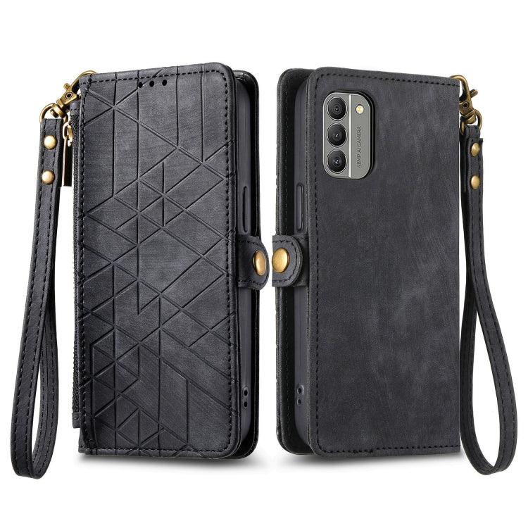 For Nokia C20 Geometric Zipper Wallet Side Buckle Leather Phone Case(Black) - Nokia Cases by buy2fix | Online Shopping UK | buy2fix