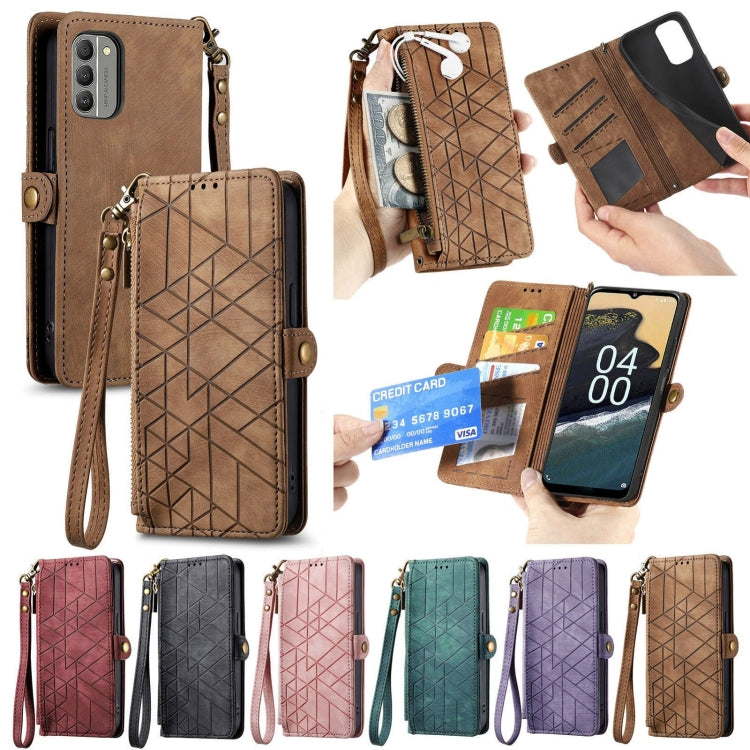 For Nokia C3 Geometric Zipper Wallet Side Buckle Leather Phone Case(Brown) - Nokia Cases by buy2fix | Online Shopping UK | buy2fix