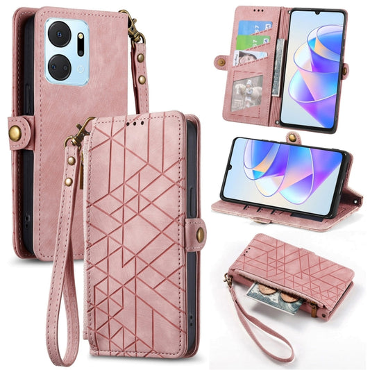 For Honor X7A Geometric Zipper Wallet Side Buckle Leather Phone Case(Pink) - Honor Cases by buy2fix | Online Shopping UK | buy2fix