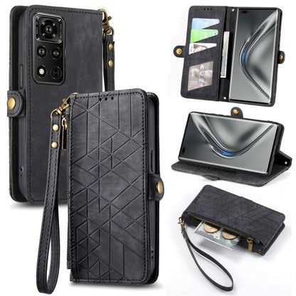 For Honor V40 Geometric Zipper Wallet Side Buckle Leather Phone Case(Black) - Honor Cases by buy2fix | Online Shopping UK | buy2fix