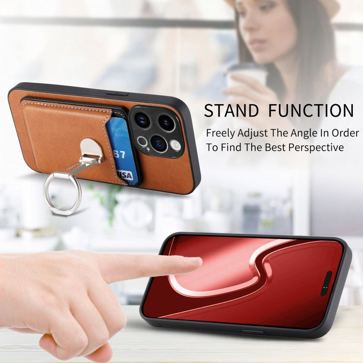 For iPhone 15 Pro Max Skin Feel Ring Holder Wallet Magnetic Phone Case(Brown) - iPhone 15 Pro Max Cases by buy2fix | Online Shopping UK | buy2fix