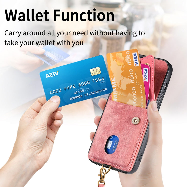 For iPhone 15 Pro Max Retro Card Wallet Fold Leather Phone Case with Strap(Pink) - iPhone 15 Pro Max Cases by buy2fix | Online Shopping UK | buy2fix