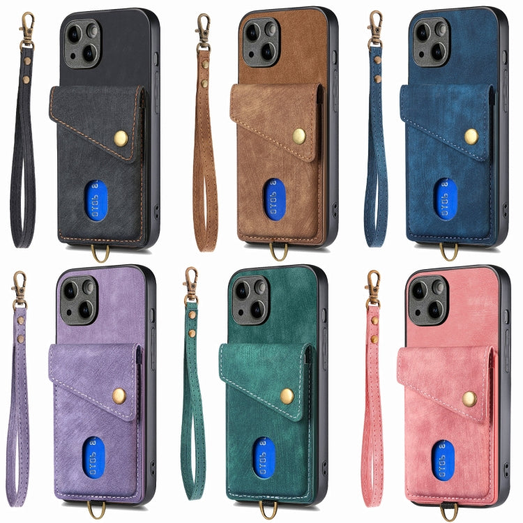 For iPhone 15 Pro Max Retro Card Wallet Fold Leather Phone Case with Strap(Blue) - iPhone 15 Pro Max Cases by buy2fix | Online Shopping UK | buy2fix