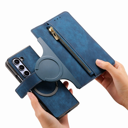 For Samsung Galaxy Z Fold5 5G Retro MagSafe Magnetic Zipper Wallet Leather Phone Case(Blue) - Galaxy Z Fold5 Cases by buy2fix | Online Shopping UK | buy2fix