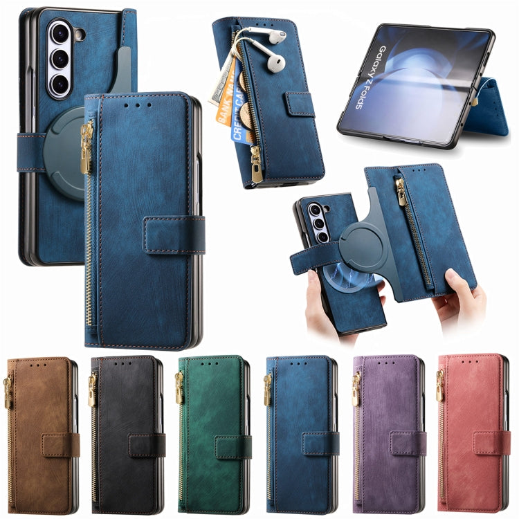 For Samsung Galaxy Z Fold5 5G Retro MagSafe Magnetic Zipper Wallet Leather Phone Case(Blue) - Galaxy Z Fold5 Cases by buy2fix | Online Shopping UK | buy2fix