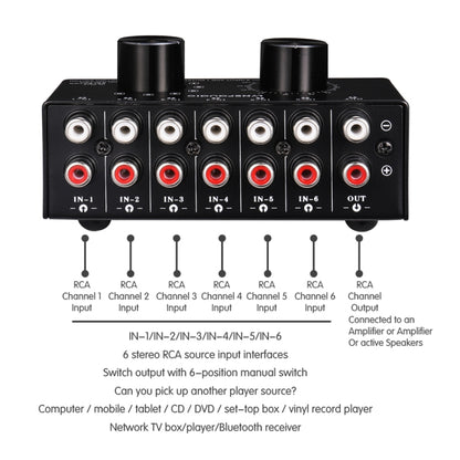 B016 6 Input 1 Output Audio Signal Source Selection Switcher, Output Volume Adjustment Control RCA Port - Consumer Electronics by buy2fix | Online Shopping UK | buy2fix