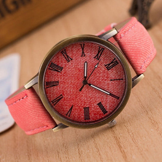 Denim Design Leather Strap Quartz Watches for Women(Red) - Leather Strap Watches by buy2fix | Online Shopping UK | buy2fix