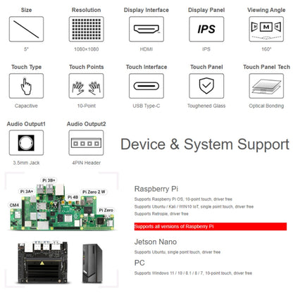 Waveshare 1080x1080 IPS Optically Bonded 5-Inch HDMI Circular 10-Point Touch Screen(24369) - LCD & LED Display Module by WAVESHARE | Online Shopping UK | buy2fix