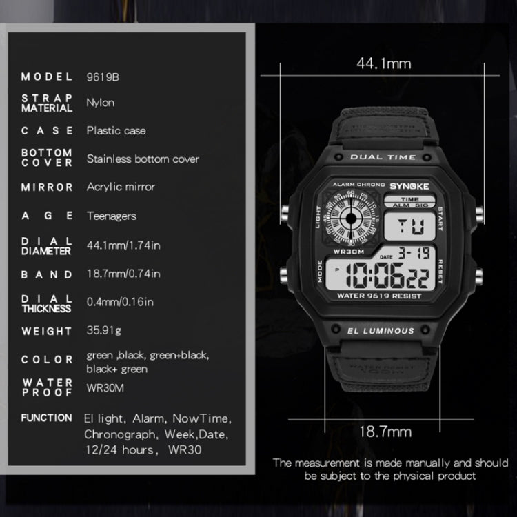 SYNOKE 9619B Nylon Canvas Strap Luminous Waterproof Digital Watch(Green Head Green Belt) - Outdoor & Sports by SYNOKE | Online Shopping UK | buy2fix