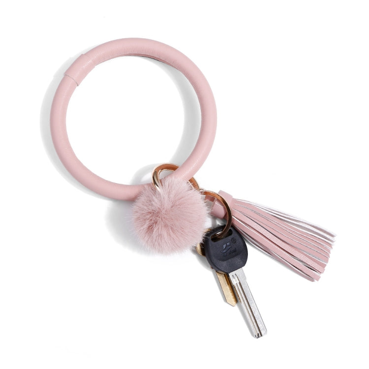 2 PCS Fringed Bracelet Keychain Circle Anti-Lost PU Leather Hairball Bracelet Keyring Pendant( Pink) - Key Rings by buy2fix | Online Shopping UK | buy2fix