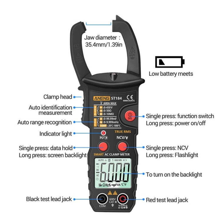 ANENG ST184 Automatically Identify Clamp-On Smart Digital Multimeter(Yellow) - Consumer Electronics by ANENG | Online Shopping UK | buy2fix