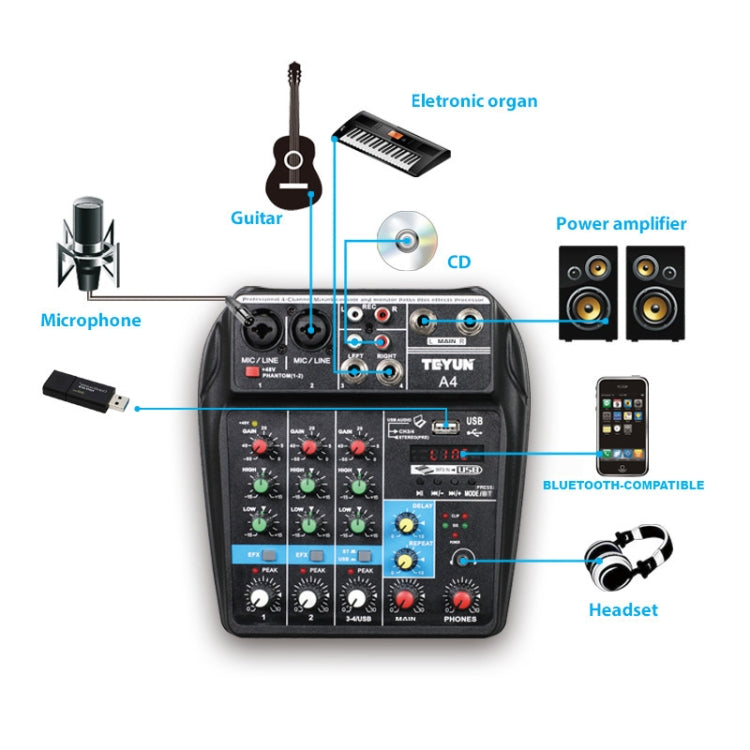 TEYUN A4 4-way Small Microphone Digital Mixer Live Recording Effector(US Plug) - Consumer Electronics by TEYUN | Online Shopping UK | buy2fix