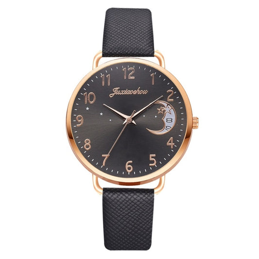 Ladies Moon Pattern Dial PU Strap Quartz Watch, Color: Black - Leather Strap Watches by buy2fix | Online Shopping UK | buy2fix