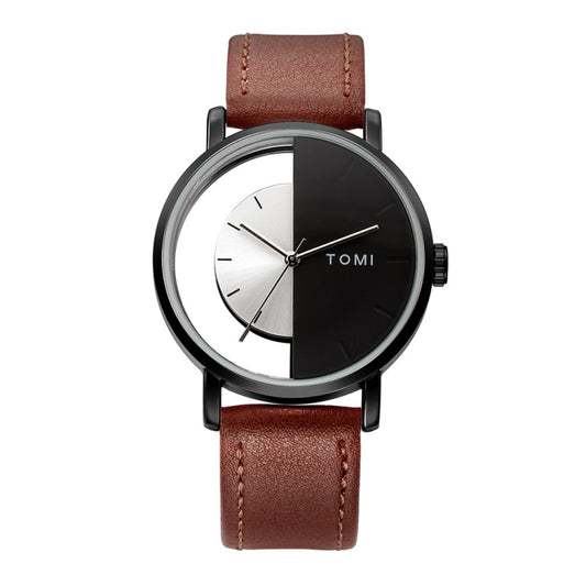 TOMI T080 Hollow Design Half See-through Unisex Quartz Watch(Black White Face Brown Strap) - Leather Strap Watches by buy2fix | Online Shopping UK | buy2fix