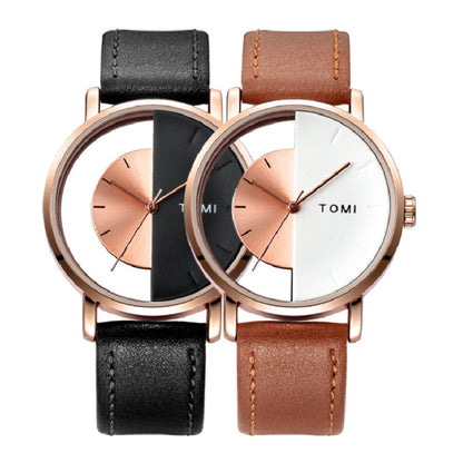 TOMI T080 Hollow Design Half See-through Unisex Quartz Watch(Black Brown Face Black Strap) - Leather Strap Watches by buy2fix | Online Shopping UK | buy2fix