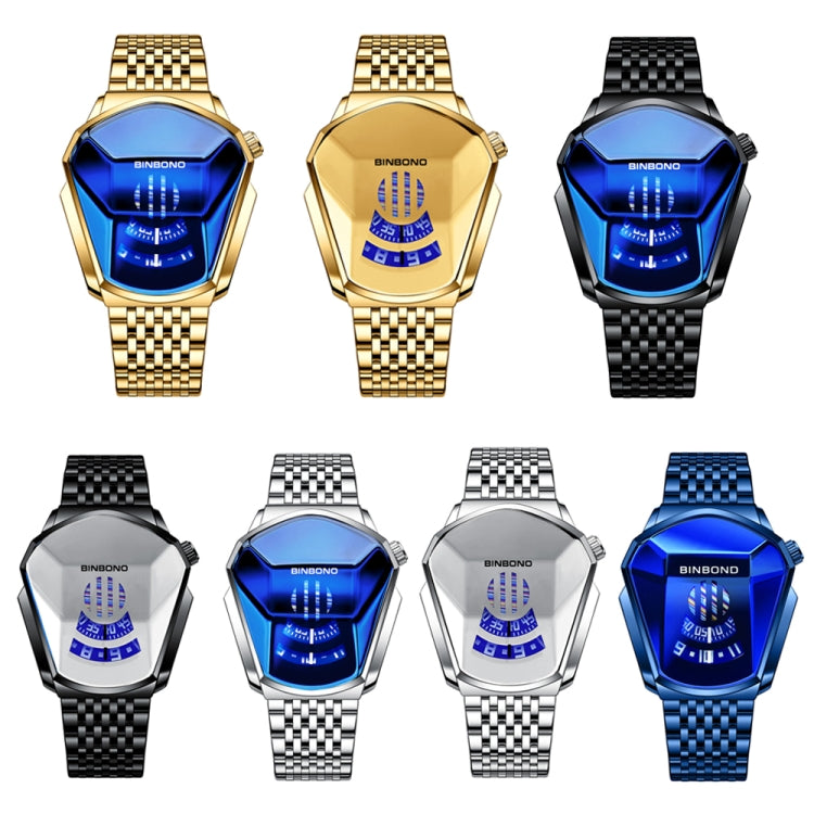 BINBOND Locomotive Concept Steel Belt Watch Men Live Black Technology Watch(Full Gold-Blue Face) - Metal Strap Watches by BINBOND | Online Shopping UK | buy2fix
