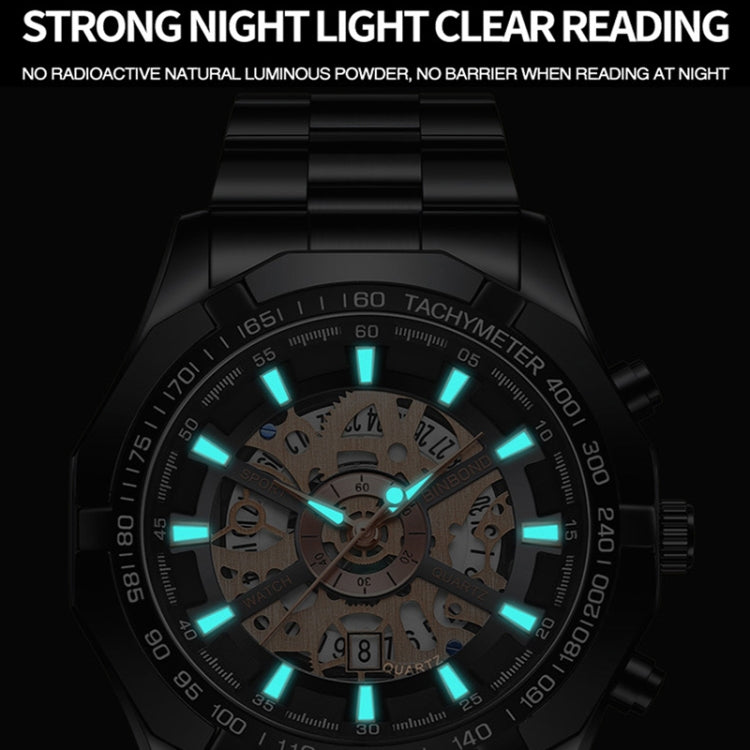 BINBOND S033 Hollowed Mechanical 30m Waterproof Luminous Quartz Watch, Color: Black Steel-Rose Gold-Black - Metal Strap Watches by BINBOND | Online Shopping UK | buy2fix