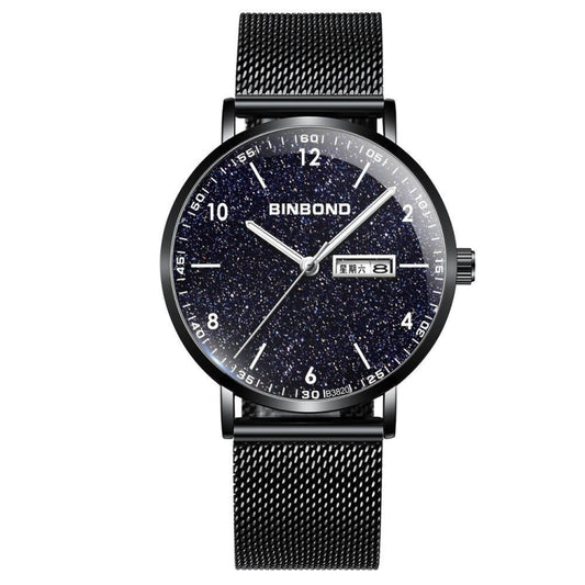 BINBOND B3820 30M Waterproof Ultra-thin Quartz Luminous Starry Watch, Color: Black Net-Black-Starry - Metal Strap Watches by BINBOND | Online Shopping UK | buy2fix