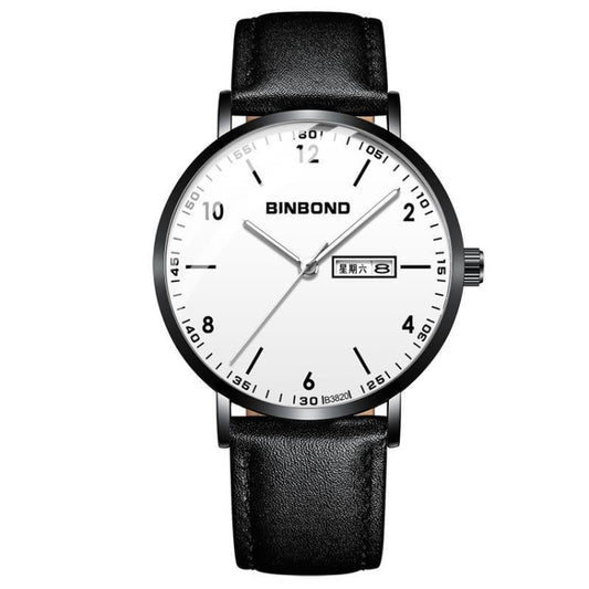 BINBOND B3820 30M Waterproof Ultra-thin Quartz Luminous Starry Watch, Color: Black Leather-Black-White - Metal Strap Watches by BINBOND | Online Shopping UK | buy2fix