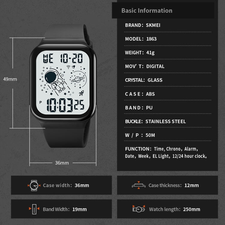 SKMEI 1863 Multifunctional Astronaut Student Digital Sports Square Watch(Black White Machine) - LED Digital Watches by SKMEI | Online Shopping UK | buy2fix