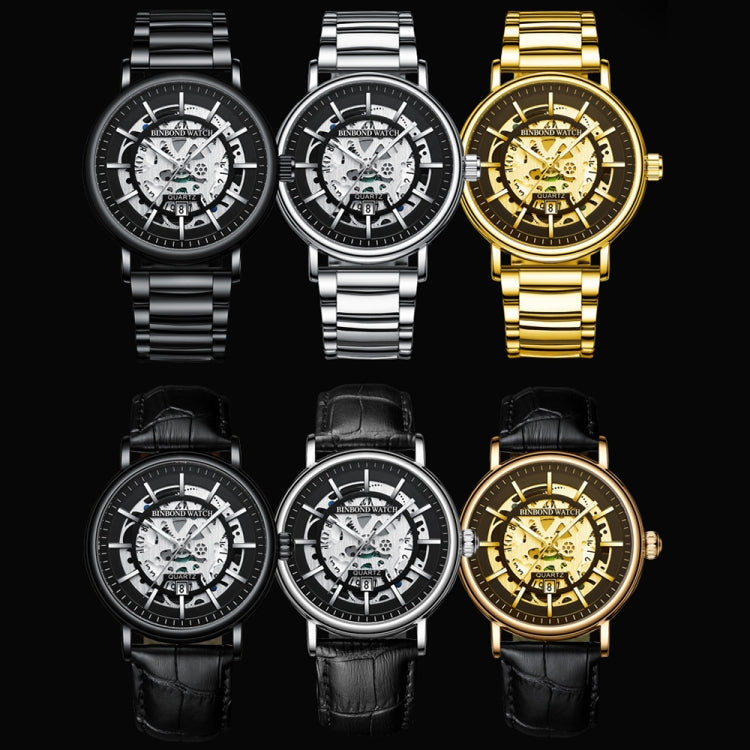 BINBOND B7872 Multifunctional Hollow Luminous Waterproof Quartz Watch, Color: Full-gold-Black-Gold - Metal Strap Watches by BINBOND | Online Shopping UK | buy2fix