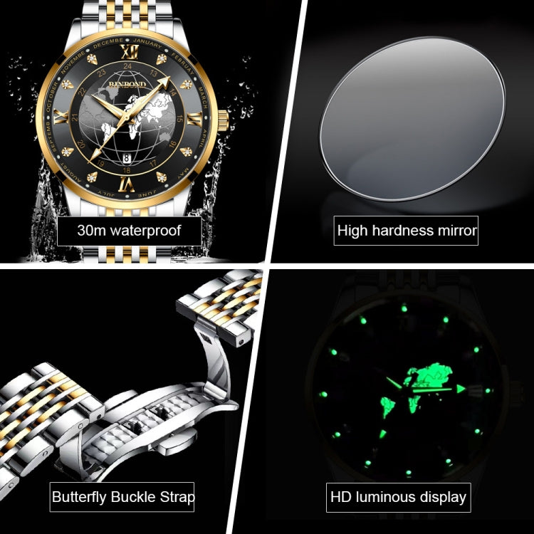 BINBOND B1117 30M Waterproof Earth Dial Butterfly Buckle Luminous Quartz Watch(Inter-gold-Black) - Metal Strap Watches by BINBOND | Online Shopping UK | buy2fix