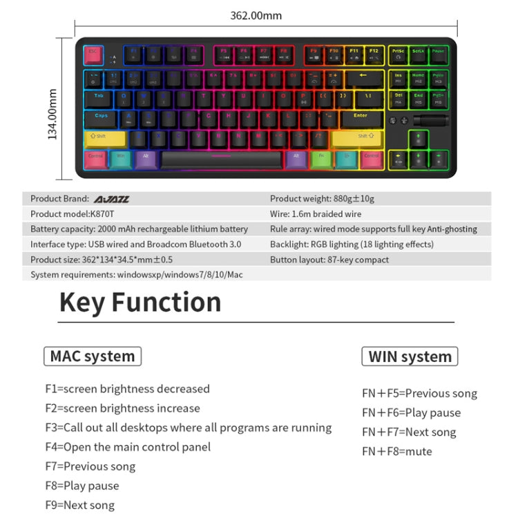 Ajazz K870T 87-Key Hot Swap Bluetooth/Wired Dual Mode RGB Backlight Office Game Mechanical Keyboard Red Shaft (White) - Wireless Keyboard by Ajazz | Online Shopping UK | buy2fix