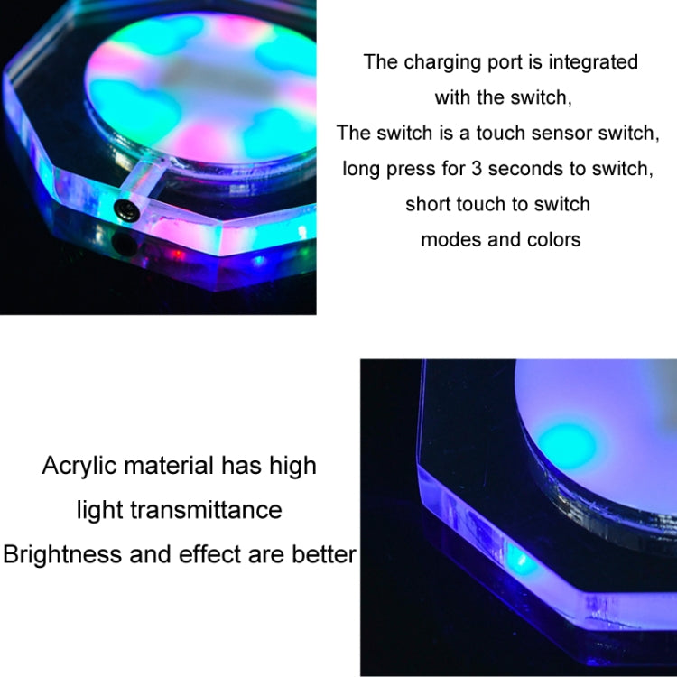 100x10mm Round USB Charging LED Light Up Acrylic Coaster Transparent Crystal Base(Colorful Light) - Car Drink Holders by buy2fix | Online Shopping UK | buy2fix