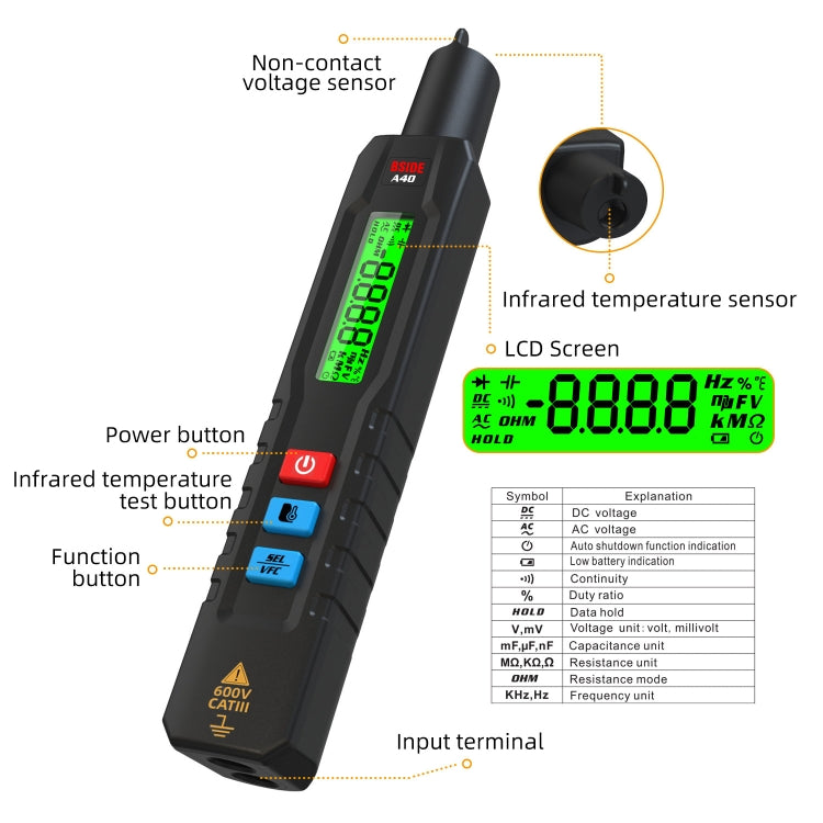 BSIDE A40 Infrared Thermometer Electric Pen Type Intelligent Multimeter VFC Inverter Voltage Tester(English No Battery) - Digital Multimeter by BSIDE | Online Shopping UK | buy2fix