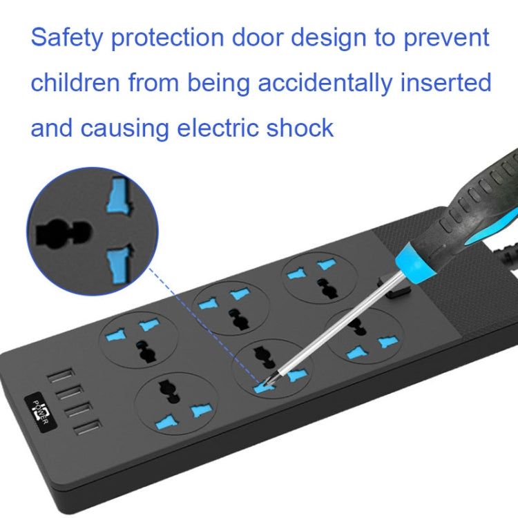 TB-T12 3000W 2m 4-USB Ports + 6-Jacks Multifunctional Flame-Retardant Socket With Switch(EU Plug) - Extension Socket by buy2fix | Online Shopping UK | buy2fix